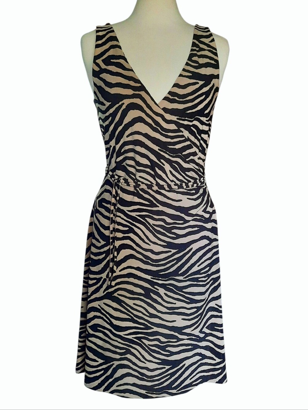LAUREN RALPH LAUREN Sleeveless Knit Zebra Print Surplice Dress -Beige/Black Sz M